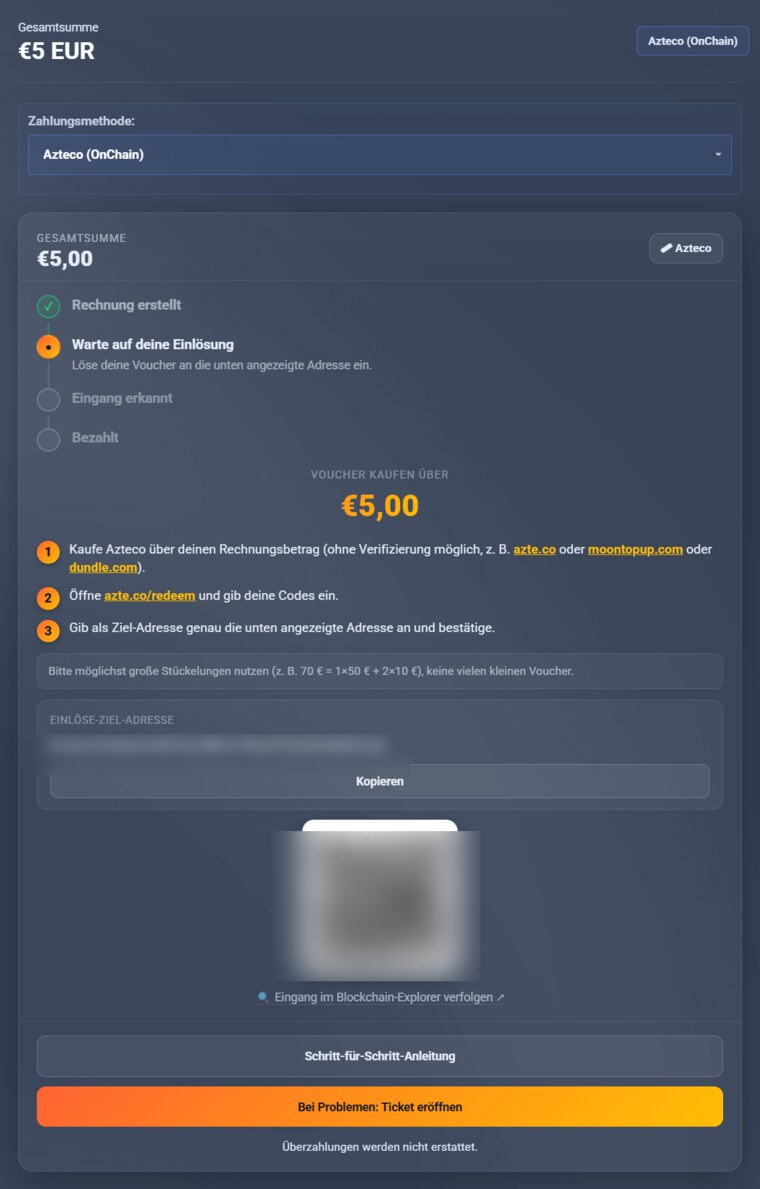 Invoice page with Bitcoin address, QR code and amount