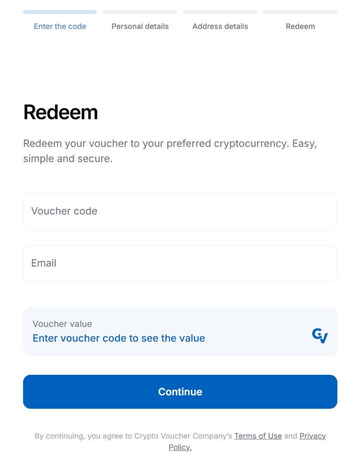 CryptoVoucher: enter code and email