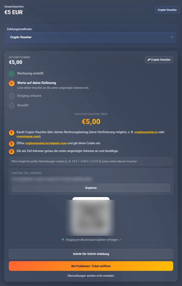 Invoice page with Bitcoin address, QR code and amount