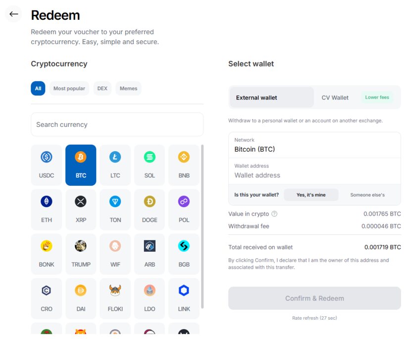CryptoVoucher: select BTC and enter wallet address
